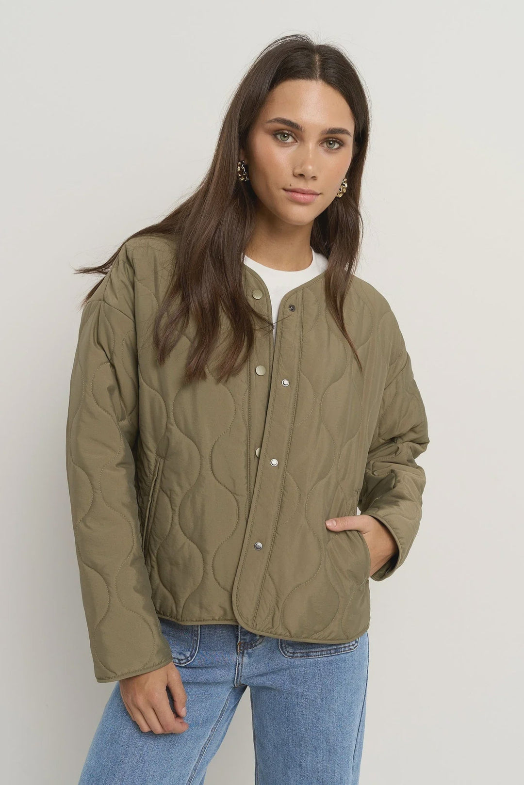 Apex Olive Collarless Puffer Jacket - Chillis & More NZ