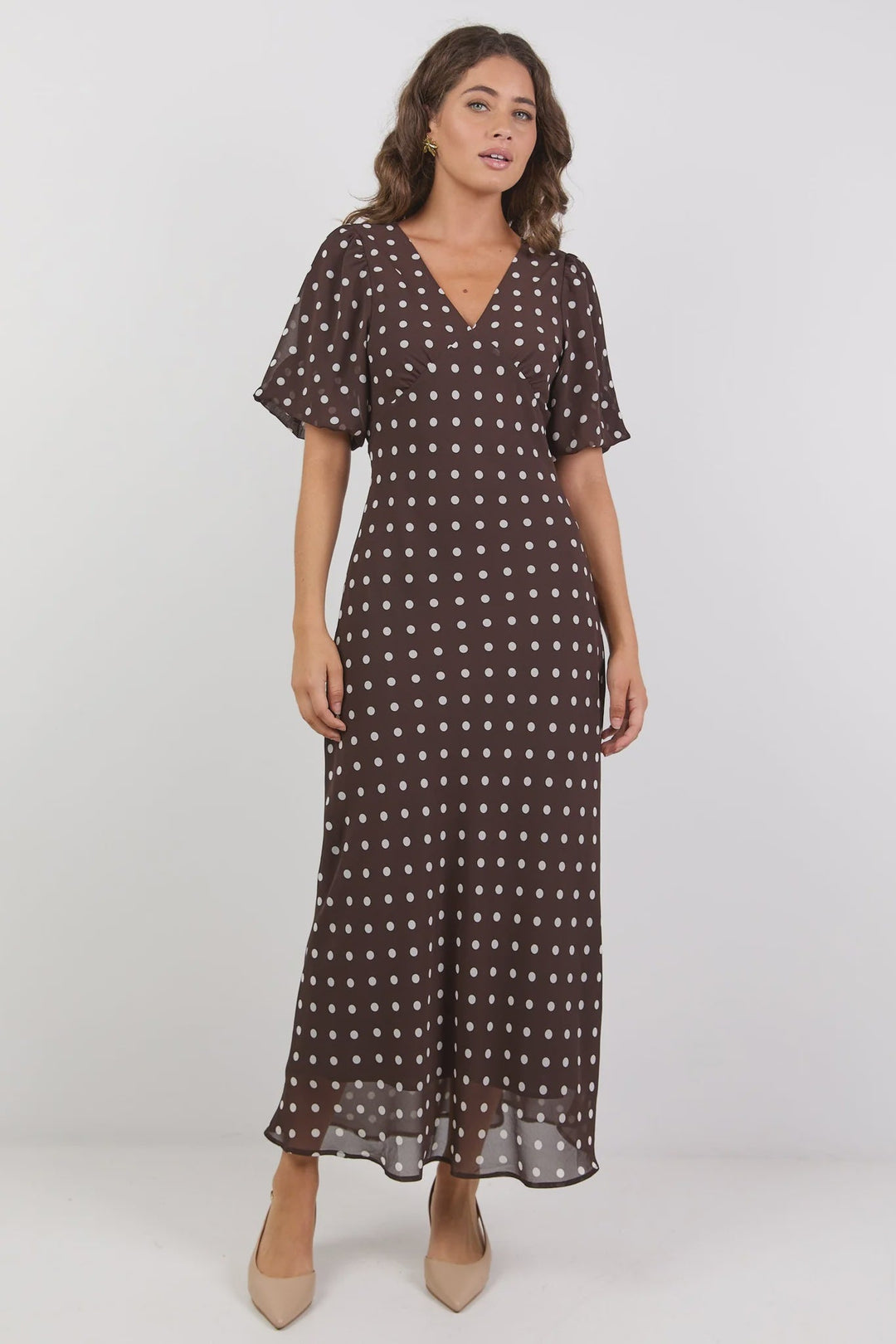 Aura Chocolate Polka Dot Puff Short Sleeve Bias Midi Dress - Chillis & More NZ