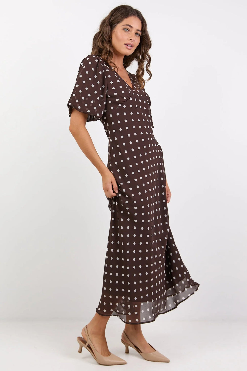 Aura Chocolate Polka Dot Puff Short Sleeve Bias Midi Dress - Chillis & More NZ