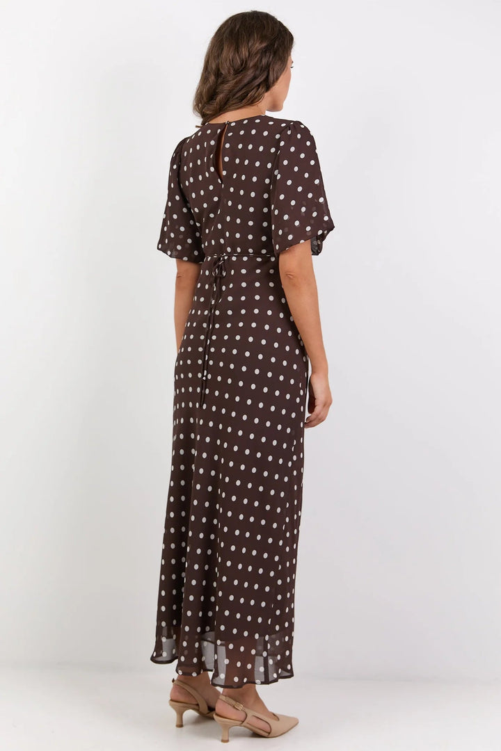 Aura Chocolate Polka Dot Puff Short Sleeve Bias Midi Dress - Chillis & More NZ