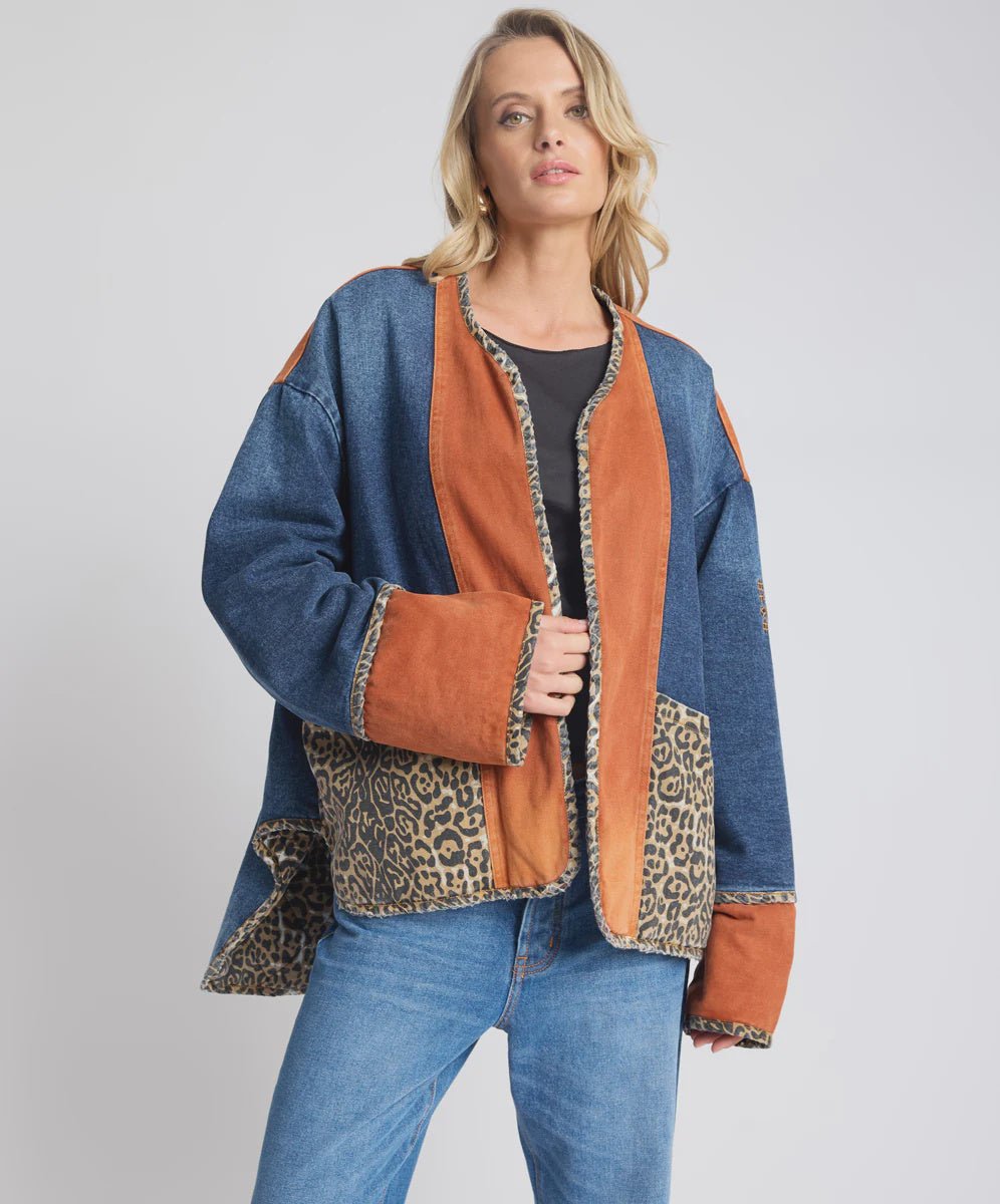 Bang Bang Reversible Colour Blocked Denim Wadded Jacket - Animal Blue Rust - Chillis & More NZ