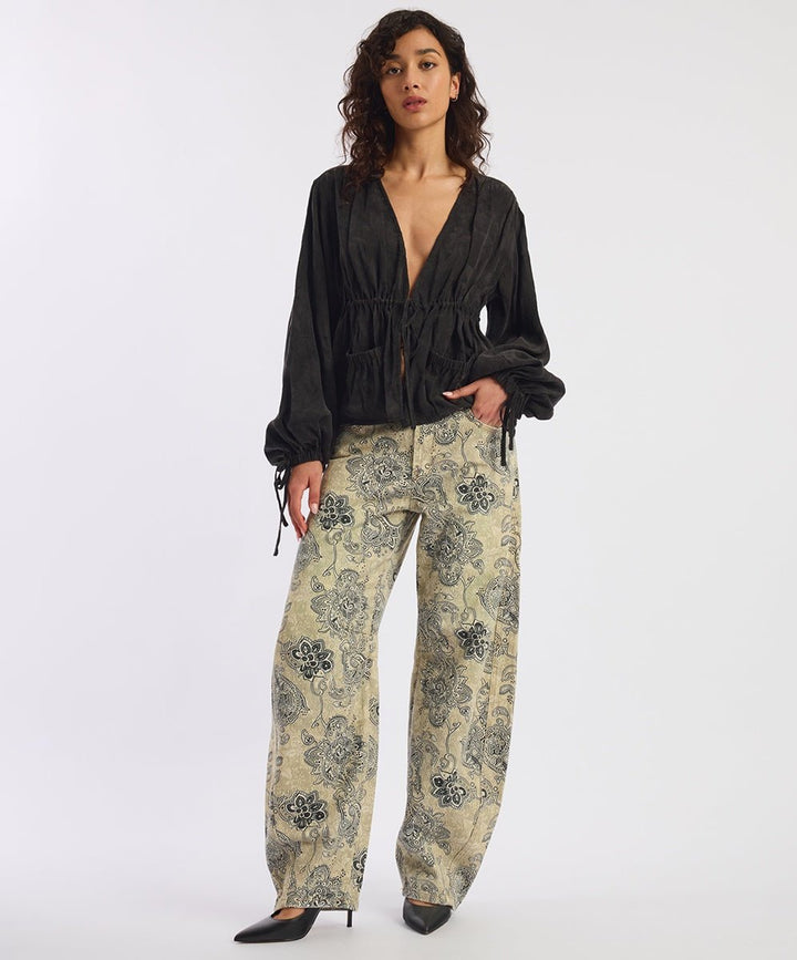 Barrel Mid Waist Wide Leg Denim Jeans - Vintage Paisley - Chillis & More NZ