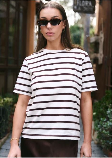 Binding Chocolate White Stripe Boxy Fit Tee - Chillis & More NZ