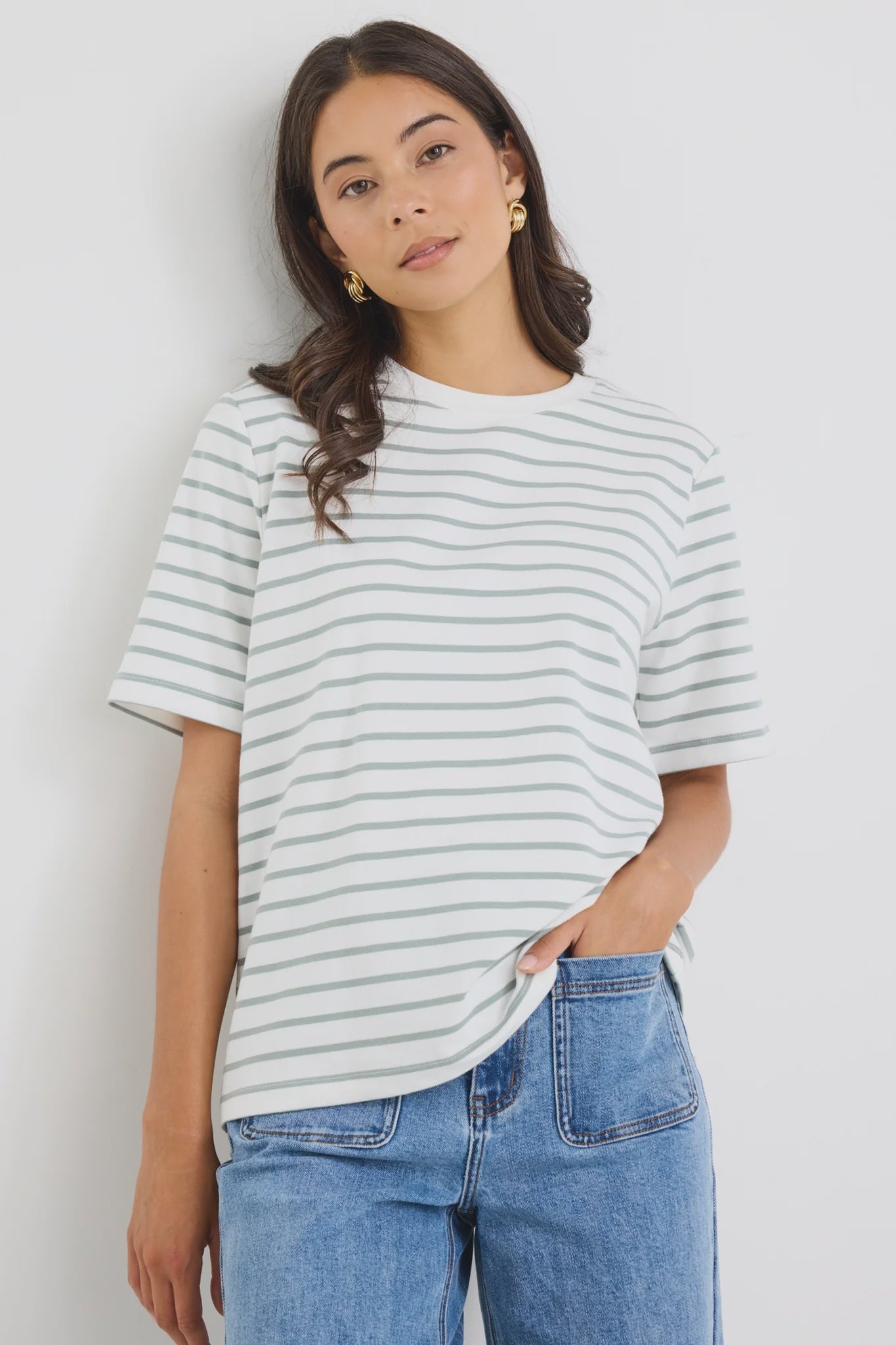 Binding Khaki White Stripe Boxy Fit Tee - Chillis & More NZ