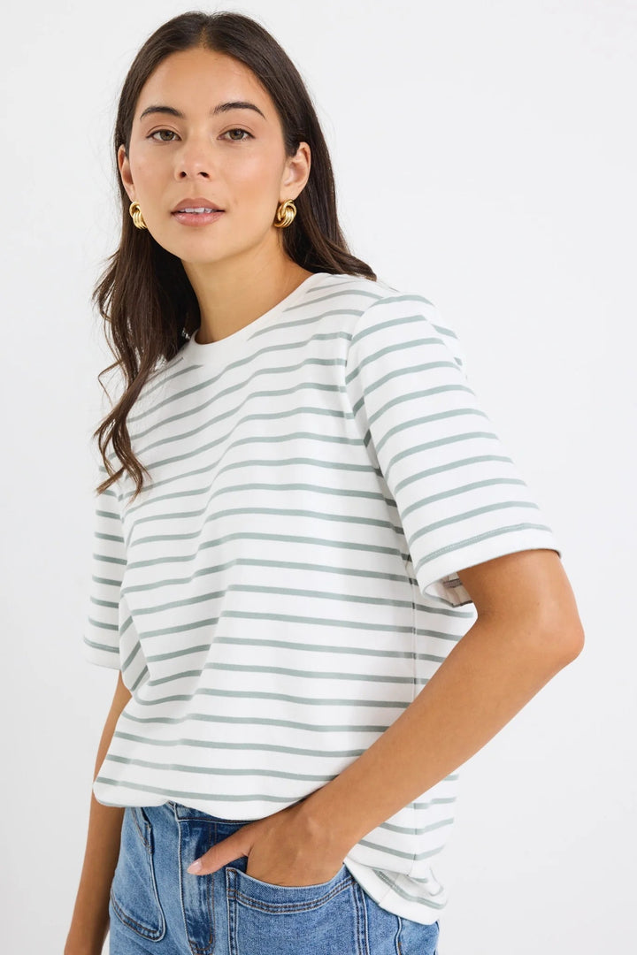 Binding Khaki White Stripe Boxy Fit Tee - Chillis &amp; More NZ