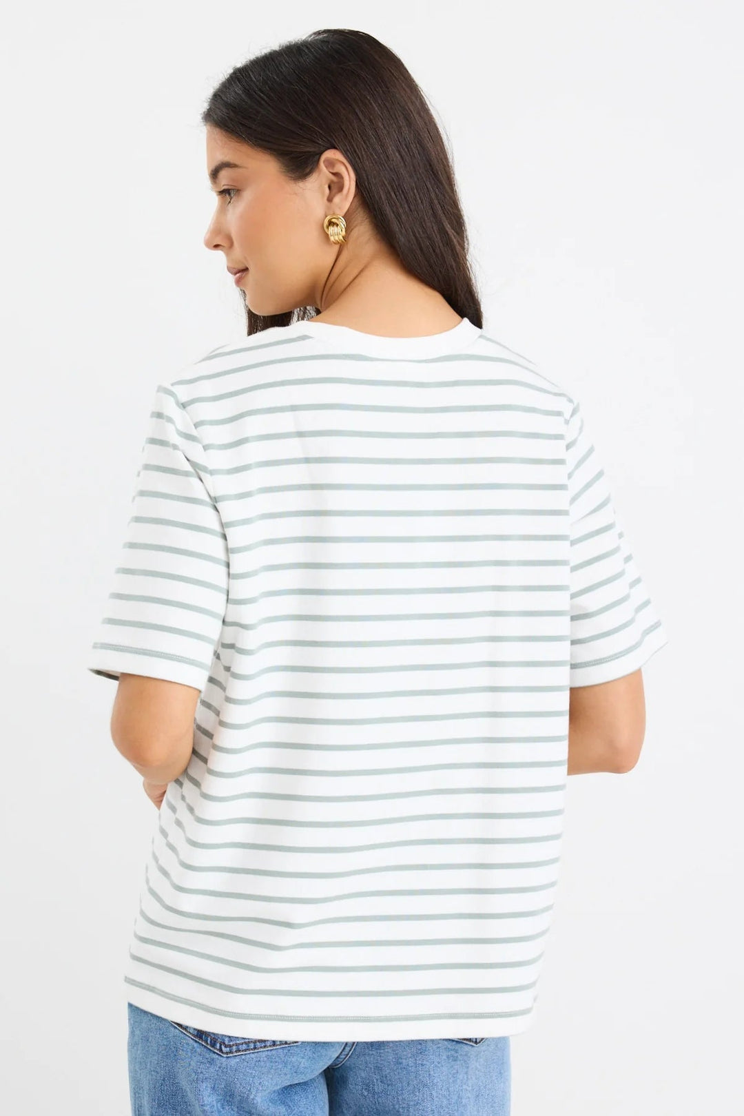 Binding Khaki White Stripe Boxy Fit Tee - Chillis &amp; More NZ