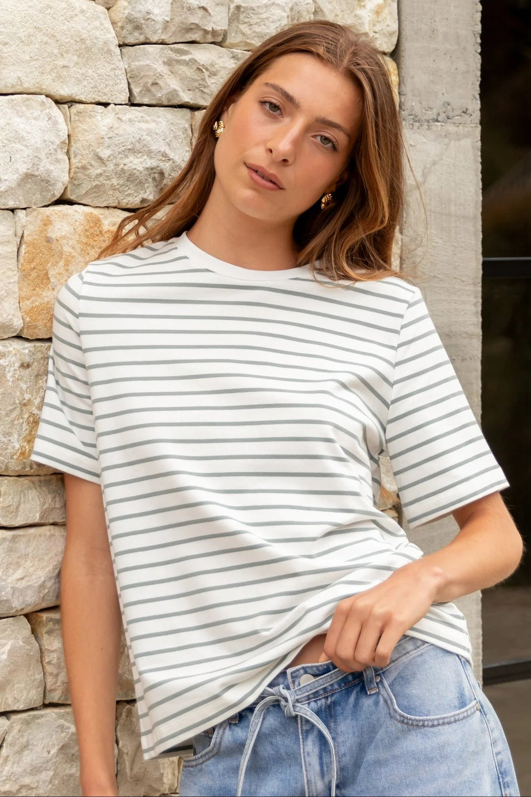 Binding Khaki White Stripe Boxy Fit Tee - Chillis &amp; More NZ