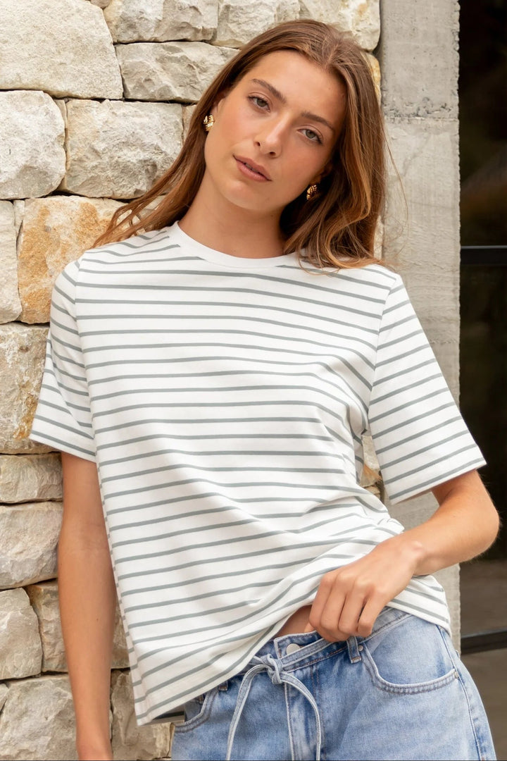 Binding Khaki White Stripe Boxy Fit Tee - Chillis &amp; More NZ
