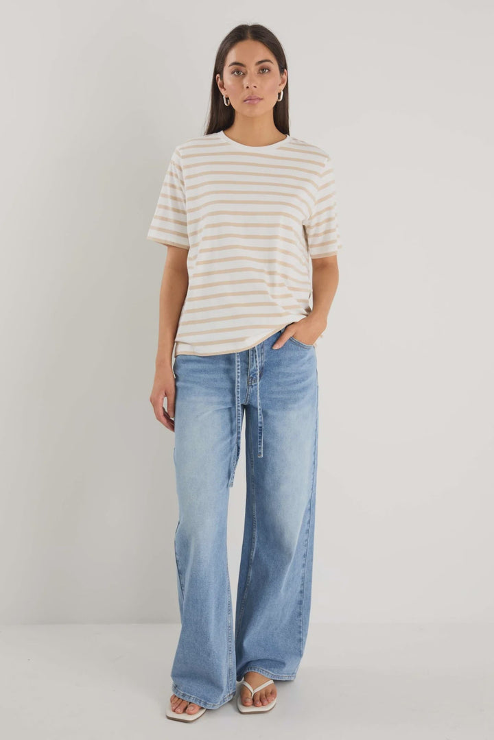 Binding White Natural Stripe Boxy Fit Tee - White Natural Stripe - Chillis & More NZ