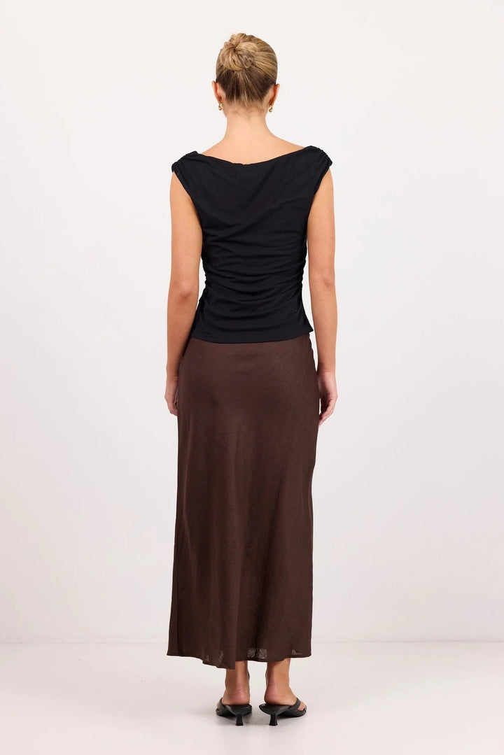 Bliss Dark Chocolate Linen Bias Midi Skirt - Chillis & More NZ