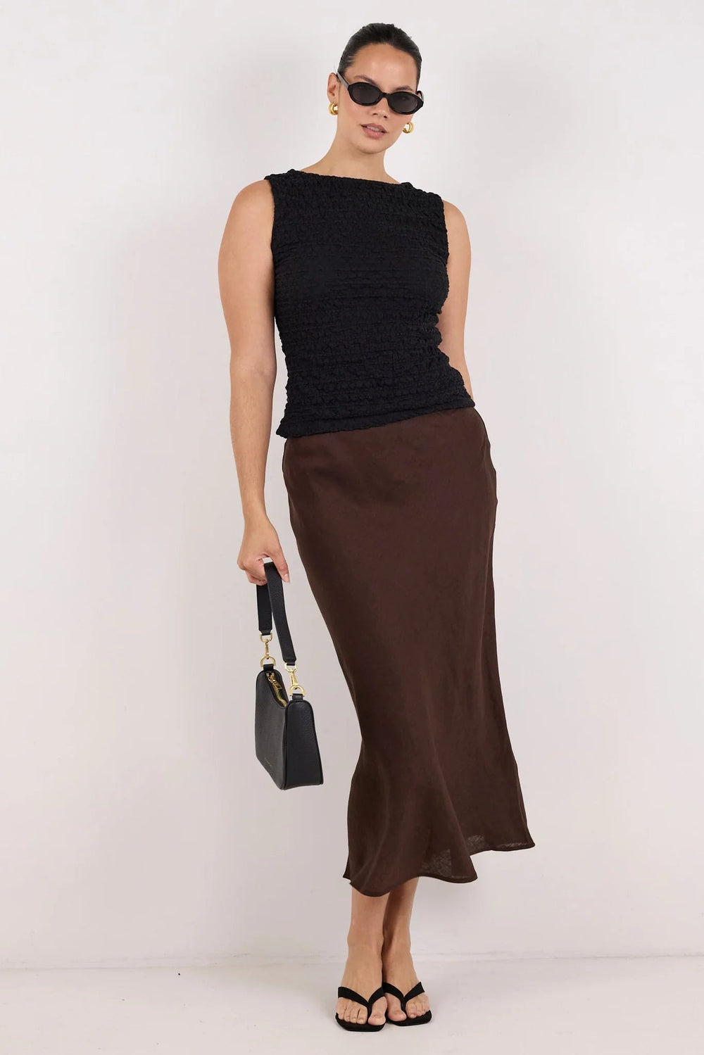 Bliss Dark Chocolate Linen Bias Midi Skirt - Chillis & More NZ