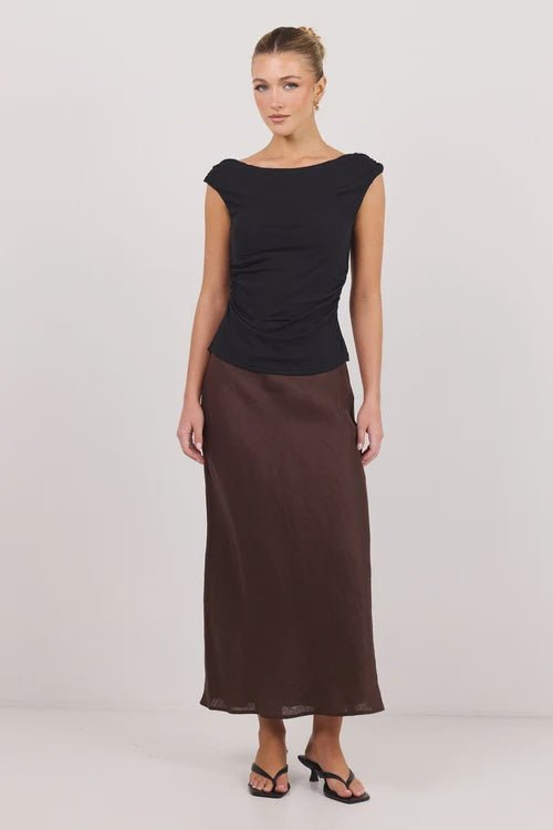 Bliss Dark Chocolate Linen Bias Midi Skirt - Chillis & More NZ