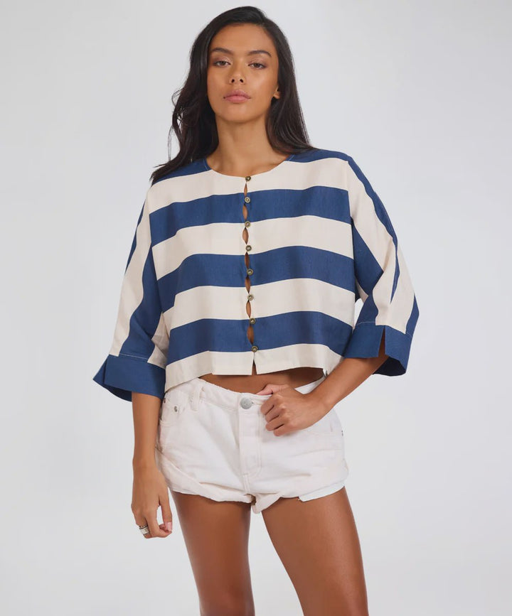Blue Vista Linen Cropped Batwing Top - Bue Cream - Chillis & More NZ
