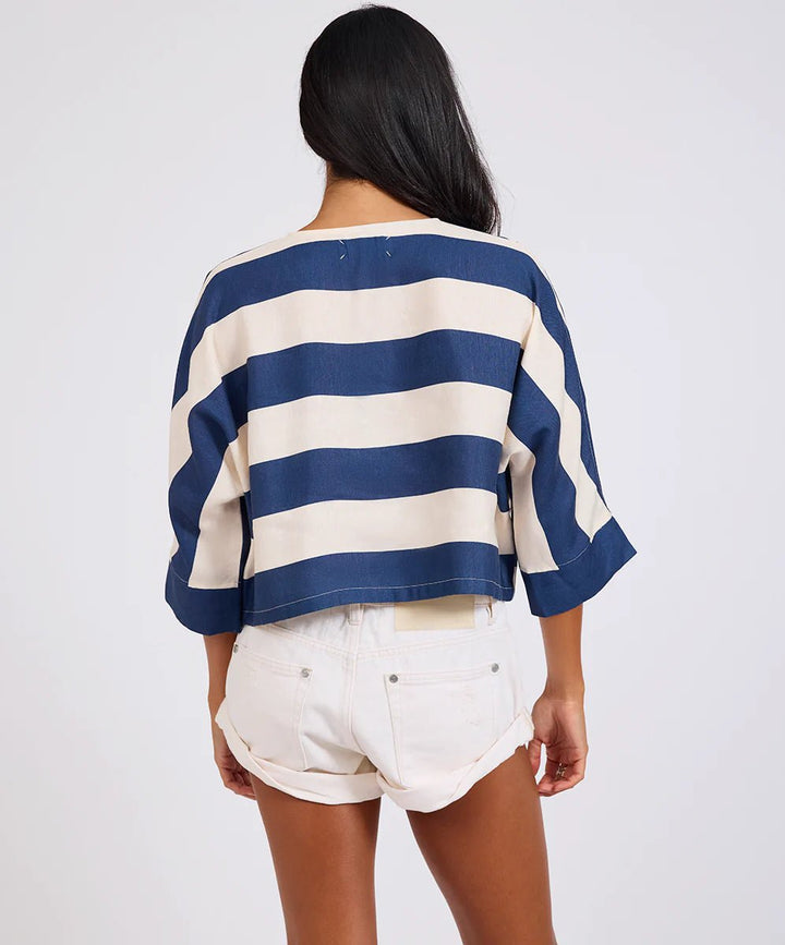 Blue Vista Linen Cropped Batwing Top - Bue Cream - Chillis & More NZ
