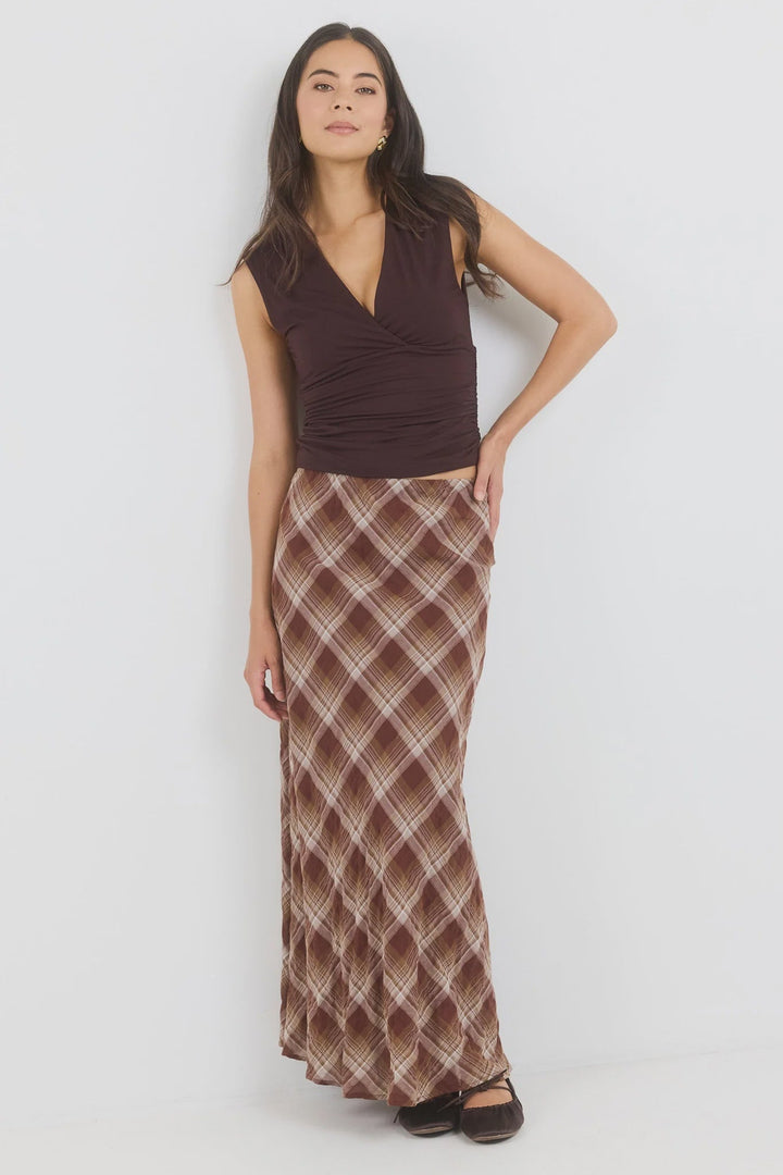 Breathe Brown Check Bias Maxi Skirt - Chillis & More NZ