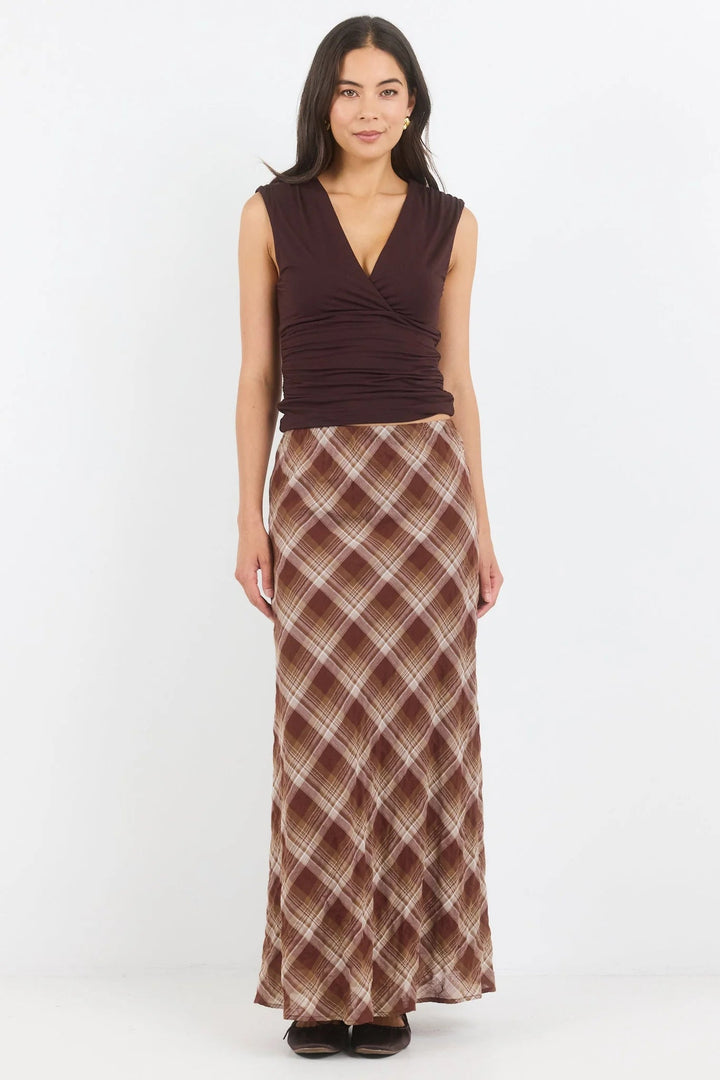 Breathe Brown Check Bias Maxi Skirt - Chillis & More NZ