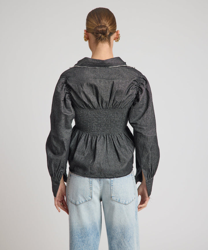 Cafe Terrace Shirred Chambray Shirt - Black - Chillis & More NZ