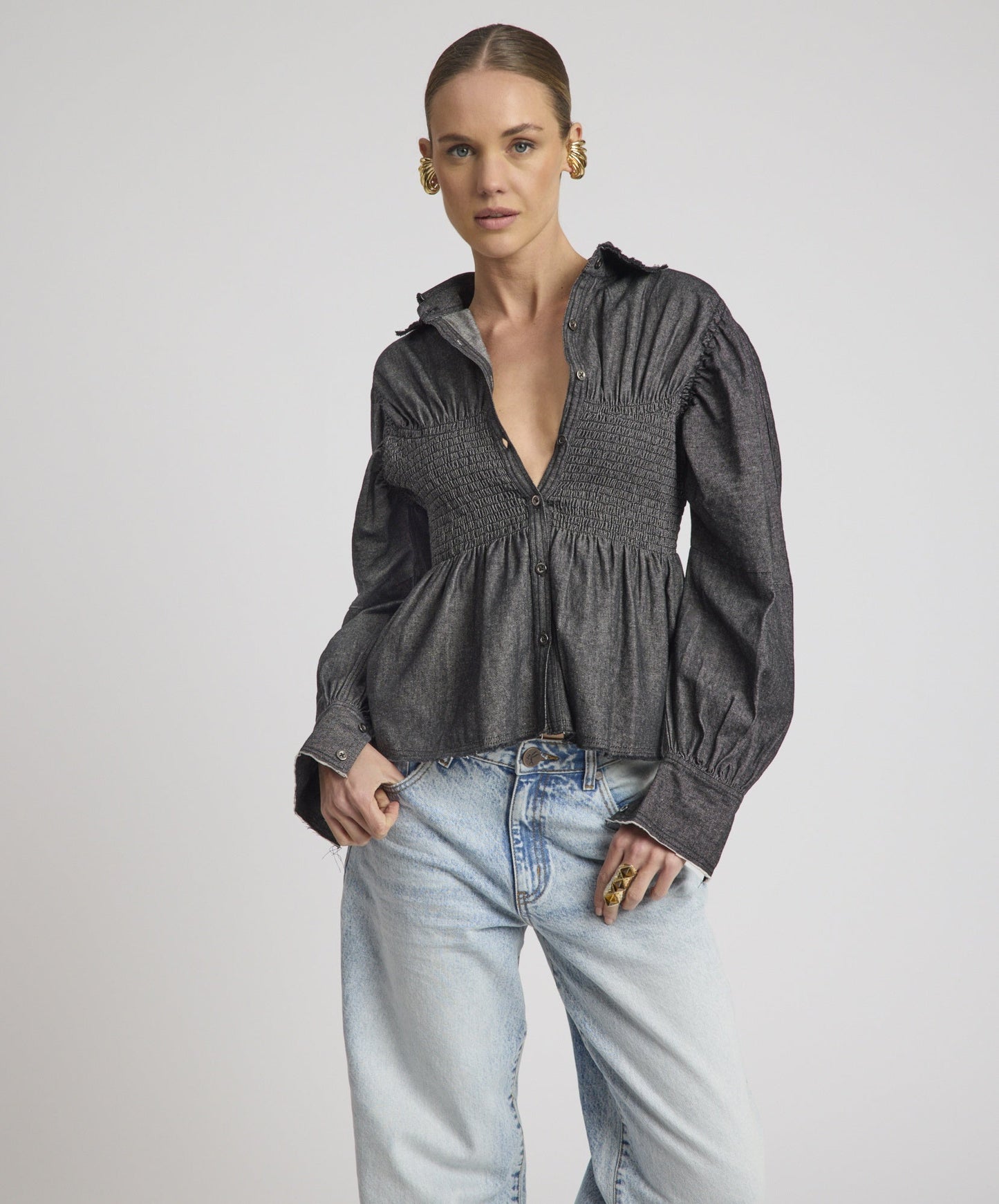 Cafe Terrace Shirred Chambray Shirt - Black - Chillis & More NZ