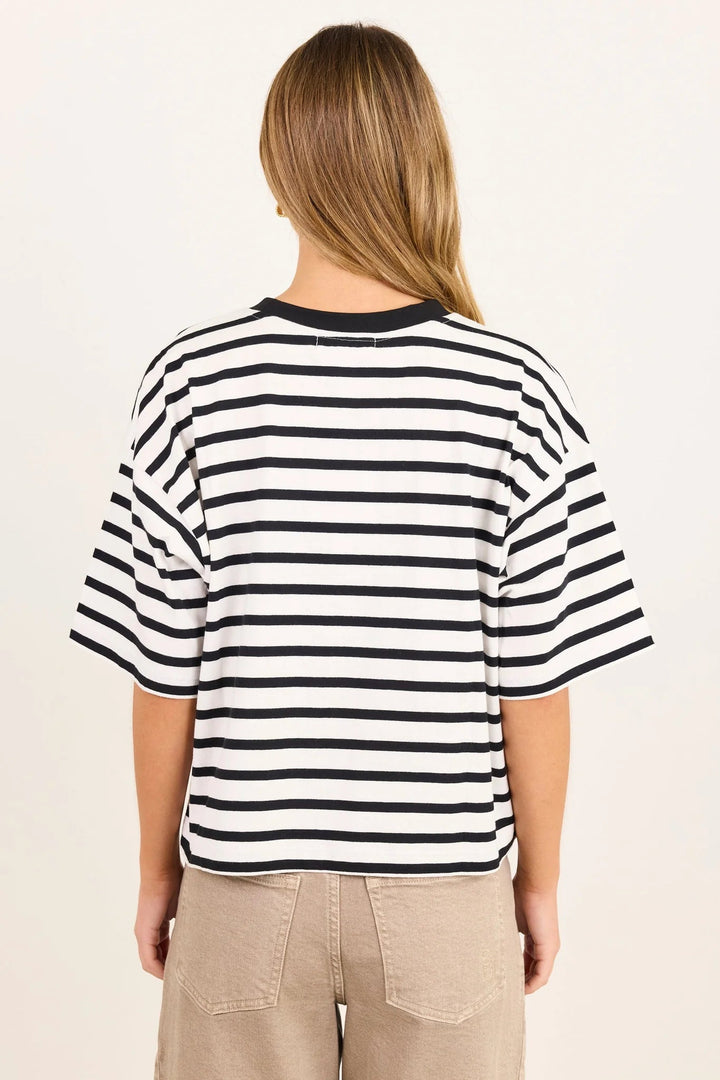 Cohesion Black White Stripe Oversized Contrast Binding Boxy SS Tee - Chillis & More NZ