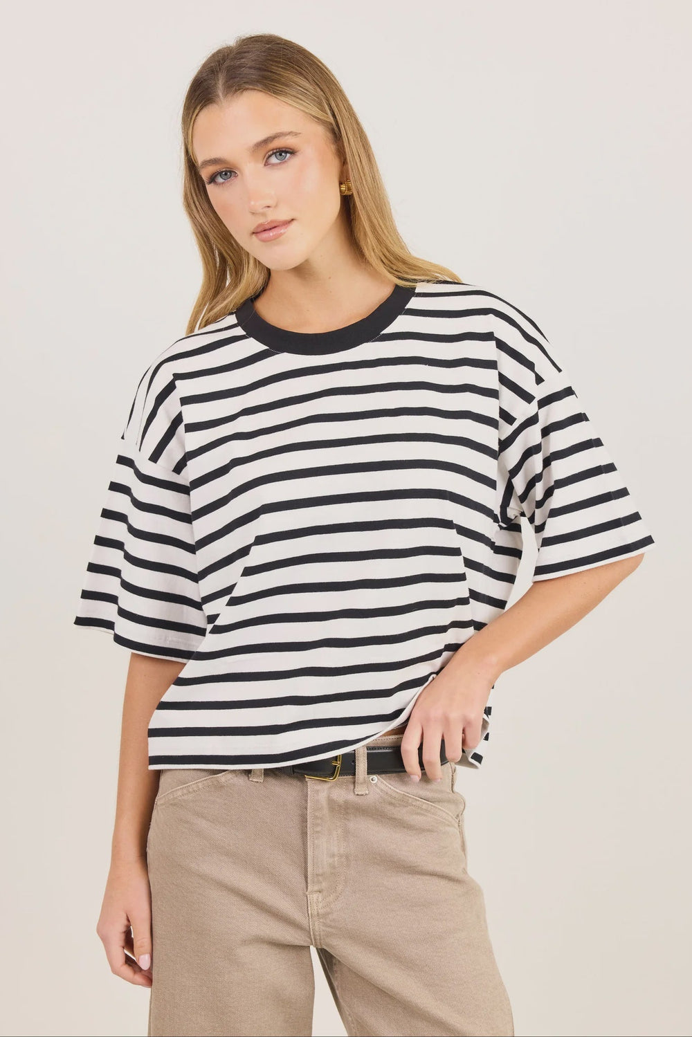 Cohesion Black White Stripe Oversized Contrast Binding Boxy SS Tee - Chillis & More NZ