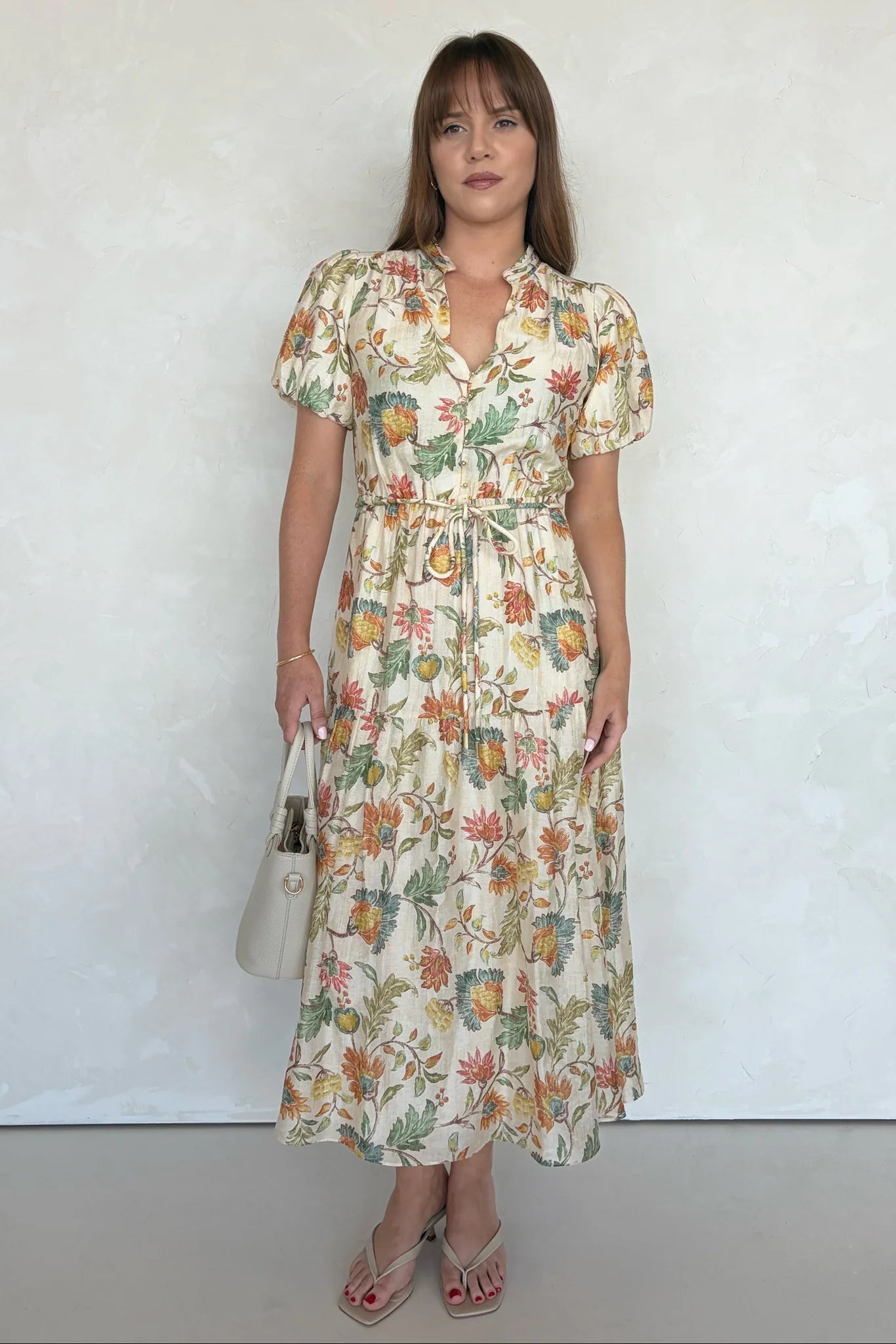 Comet Peach Bloom Short Puff Sleeve Button Front Midi Dress - Peach Bl ...