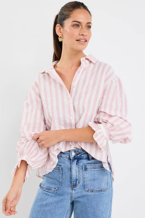 Connection Button Front Blouse - Pink Stripe - Chillis & More NZ