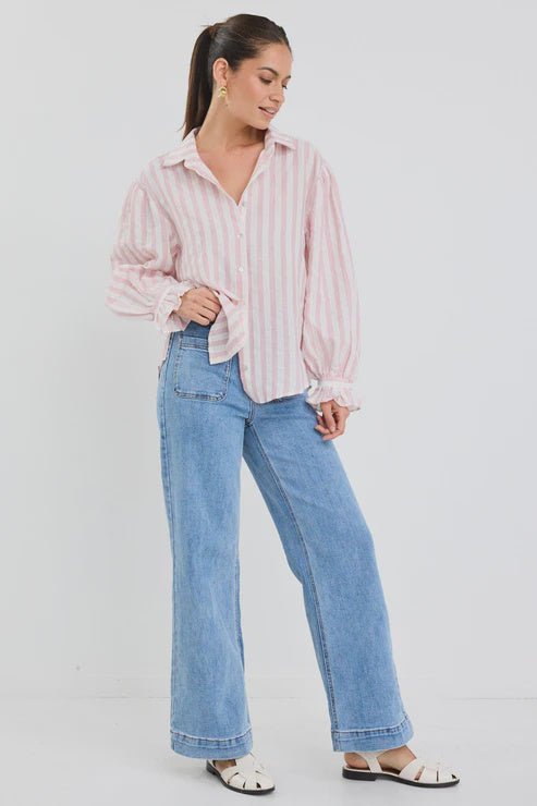 Connection Button Front Blouse - Pink Stripe - Chillis & More NZ