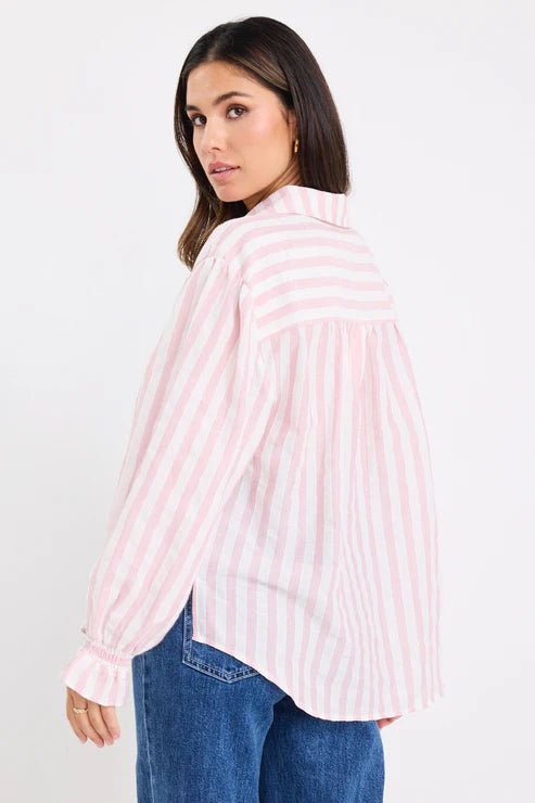Connection Button Front Blouse - Pink Stripe - Chillis & More NZ