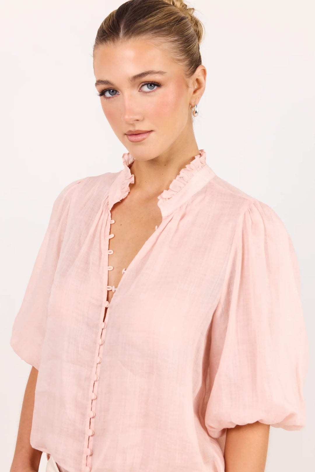 Continuance Blush Ramie High Neck Buttoned SS Top - Chillis & More NZ