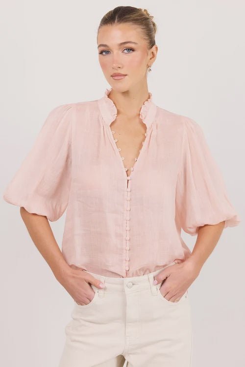 Continuance Blush Ramie High Neck Buttoned SS Top - Chillis & More NZ