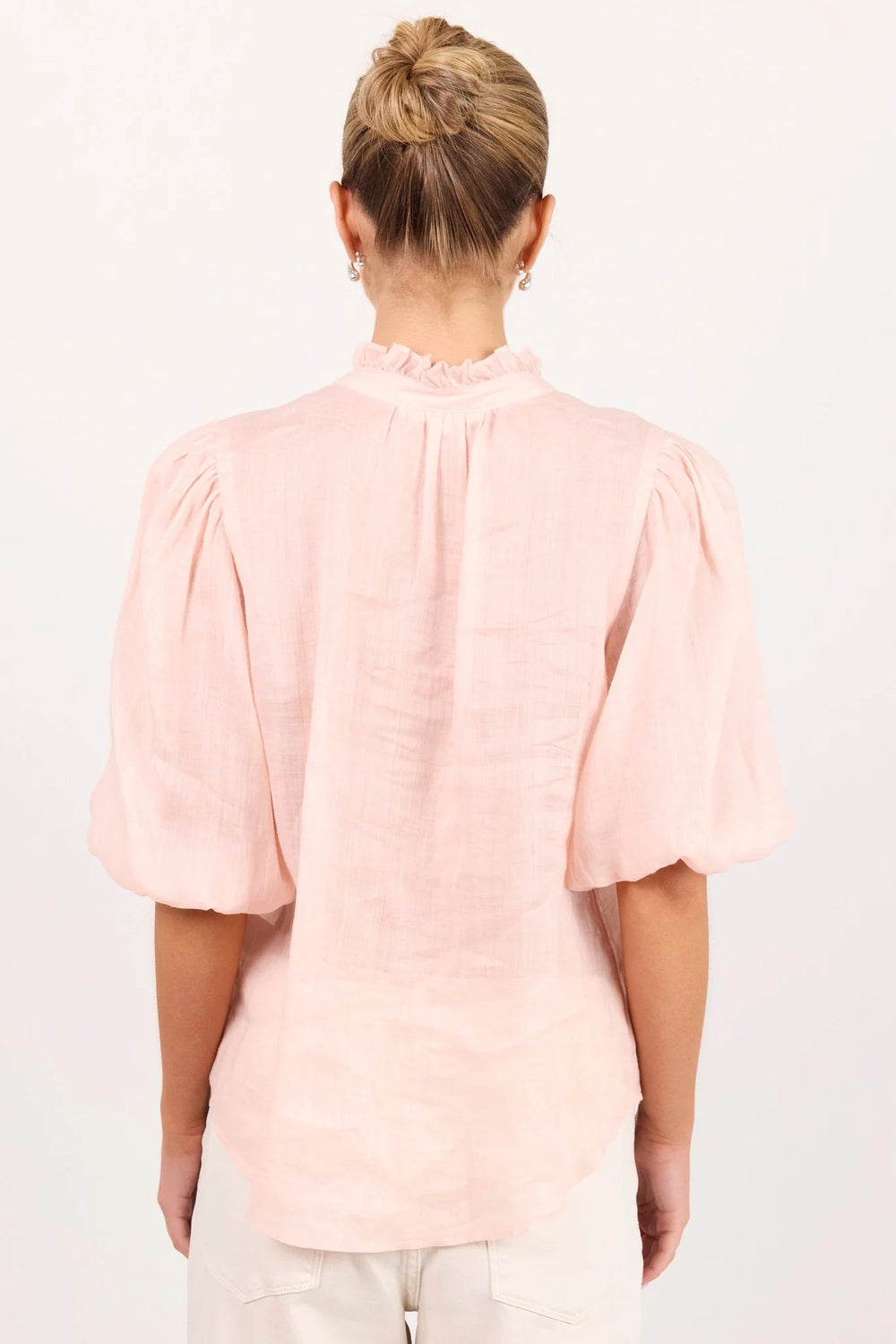 Continuance Blush Ramie High Neck Buttoned SS Top - Chillis & More NZ