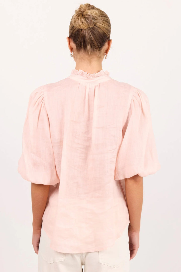 Continuance Blush Ramie High Neck Buttoned SS Top - Chillis & More NZ