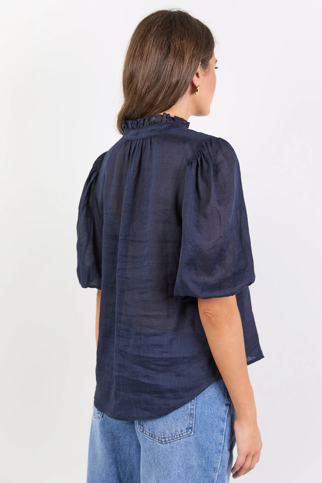 Continuance Navy Ramie High Neck Buttoned SS Top - Navy - Chillis & More NZ