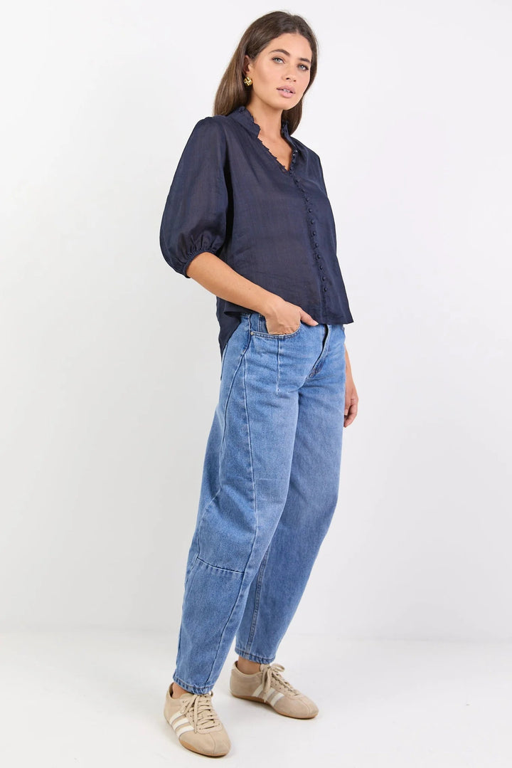 Continuance Navy Ramie High Neck Buttoned SS Top - Navy - Chillis & More NZ