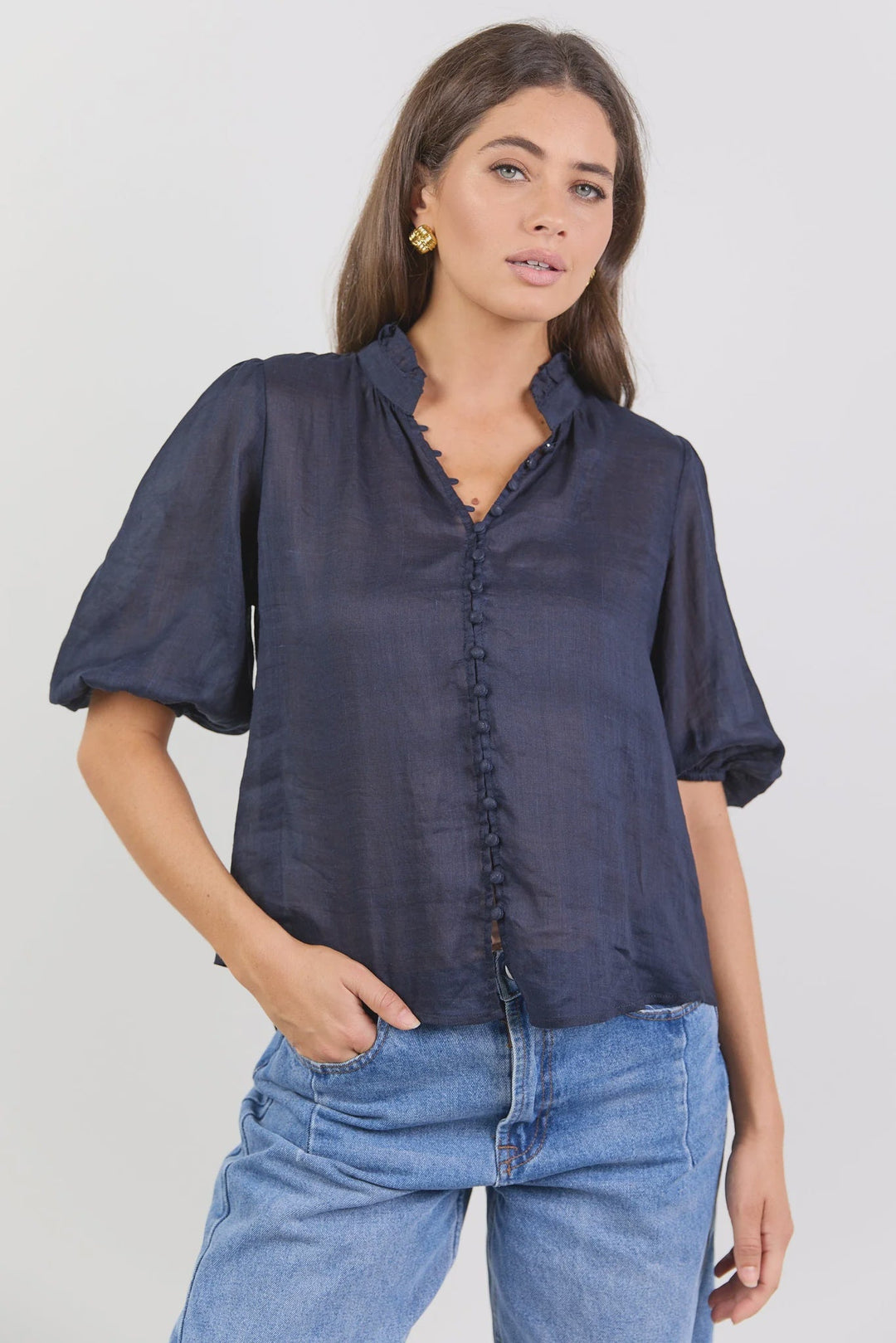 Continuance Navy Ramie High Neck Buttoned SS Top - Navy - Chillis & More NZ