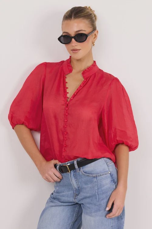 Continuance Red Ramie High Neck Buttoned SS Top - Chillis & More NZ