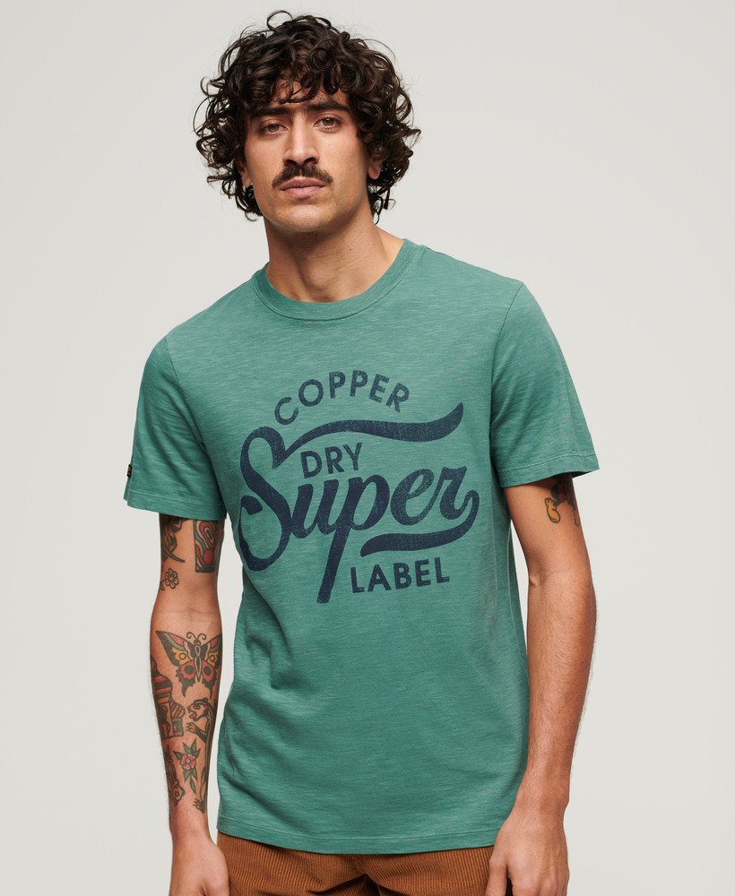 Copper Label Script Tee - Drius Green Slub - Chillis & More NZ