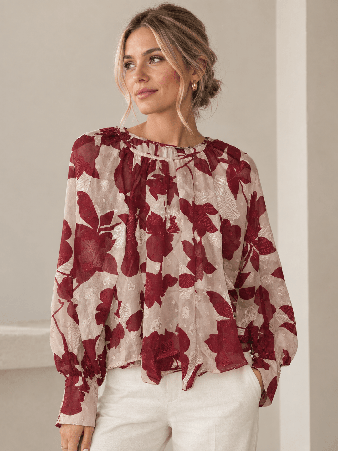 Cosmopolitan Red Floral Crew Neck Floaty LS Top - Chillis & More NZ