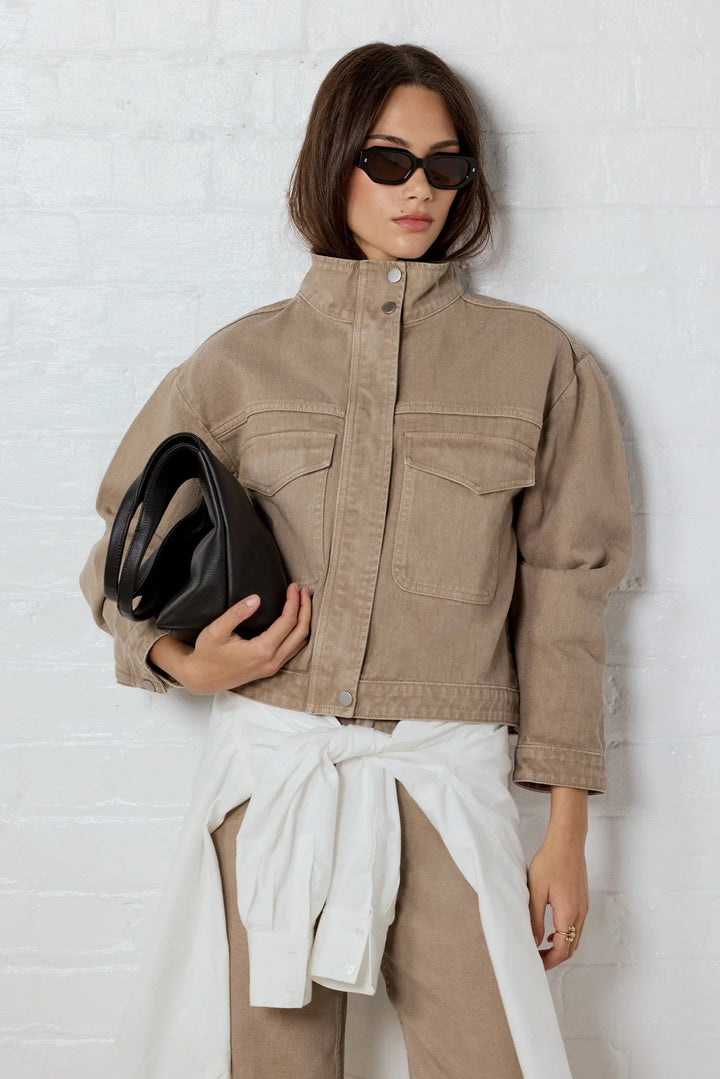 Crafted Taupe Funnel Neck Denim Jacket - Chillis & More NZ