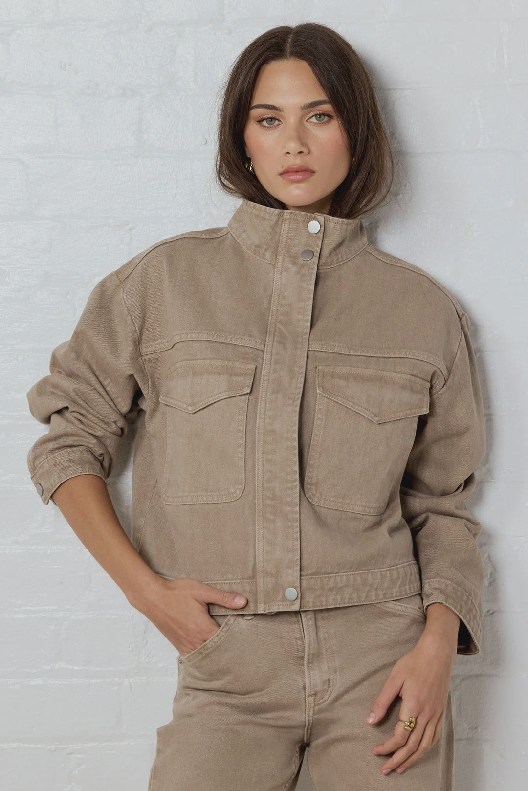 Crafted Taupe Funnel Neck Denim Jacket - Chillis & More NZ