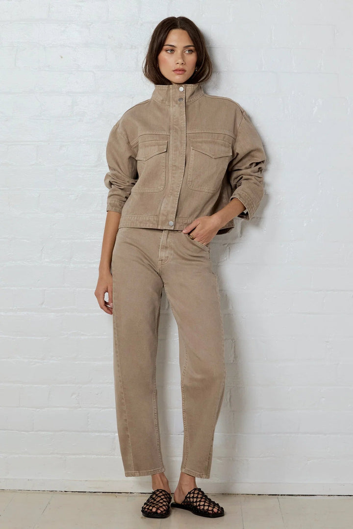 Crafted Taupe Funnel Neck Denim Jacket - Chillis & More NZ