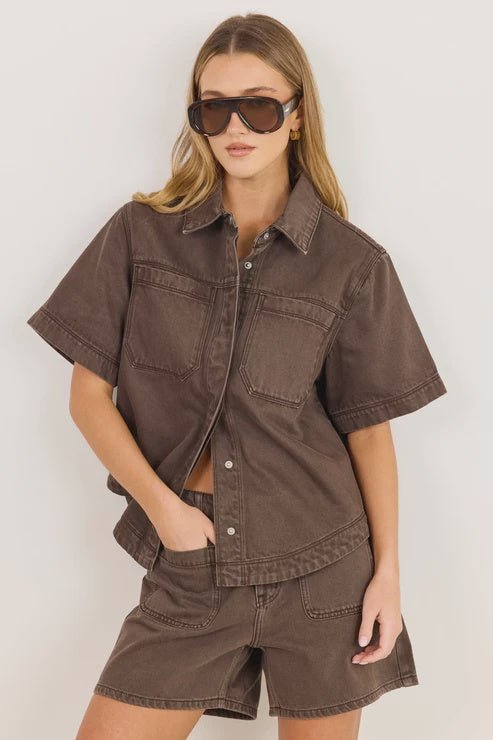 Crucial Mocha Denim Short Sleeve Shacket - Chillis & More NZ