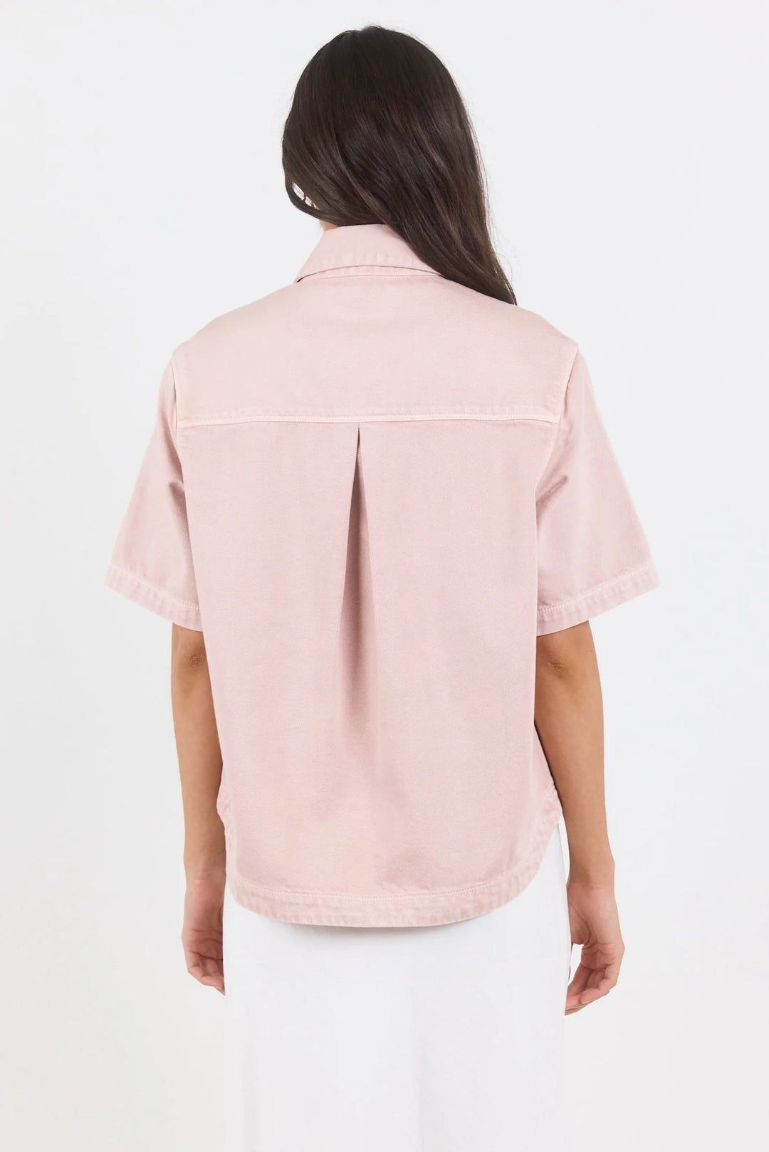 Crucial Pale Pink Denim Short Sleeve Shacket - Chillis & More NZ