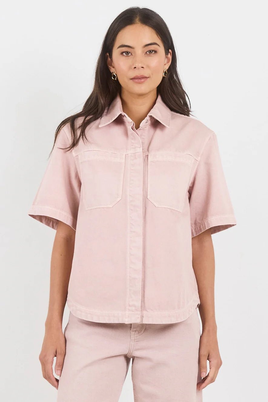 Crucial Pale Pink Denim Short Sleeve Shacket - Chillis & More NZ