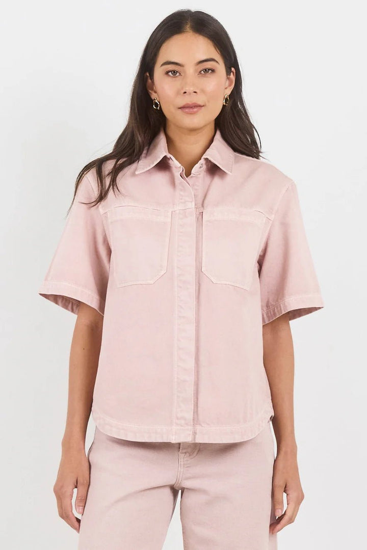 Crucial Pale Pink Denim Short Sleeve Shacket - Chillis & More NZ