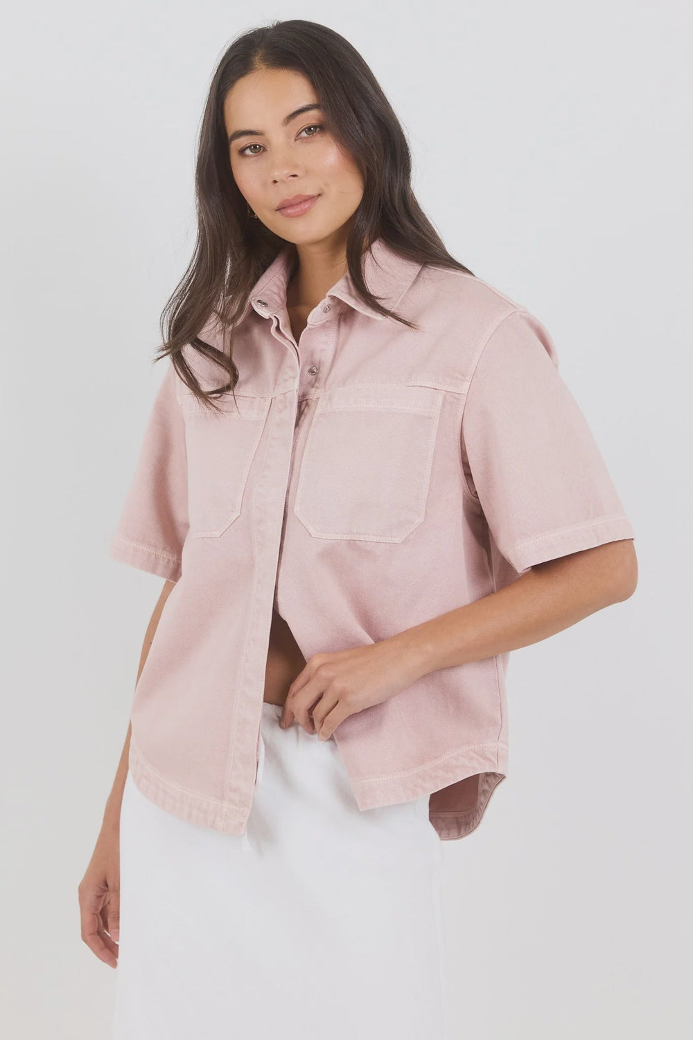 Crucial Pale Pink Denim Short Sleeve Shacket - Chillis & More NZ