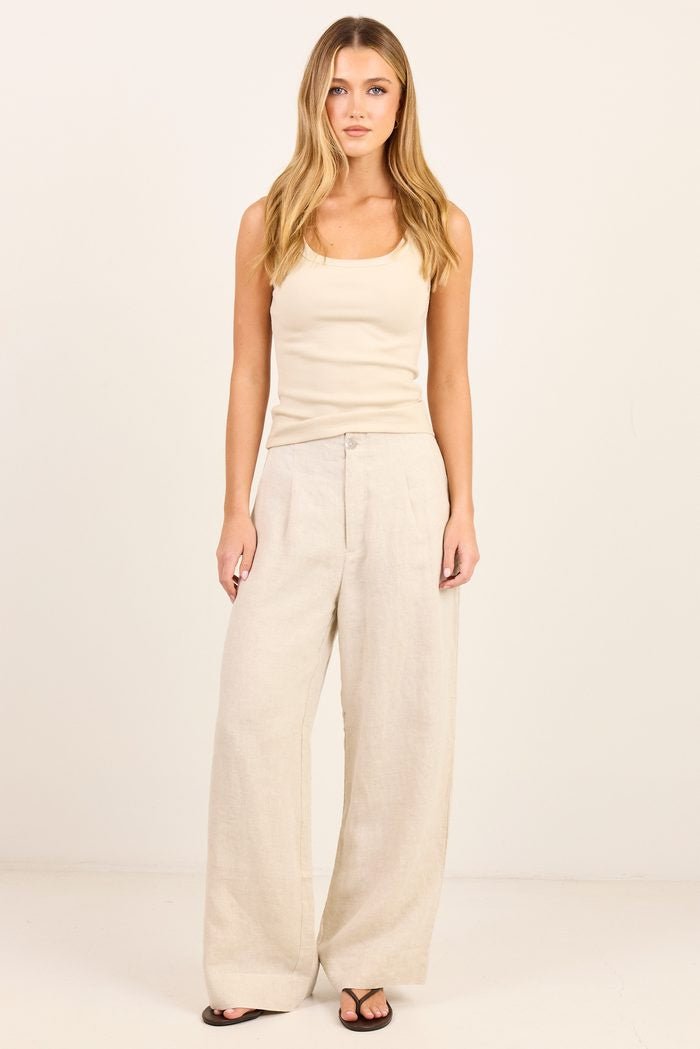 Curator Natural Linen Pleat Front Wide Leg Pants - Chillis & More NZ