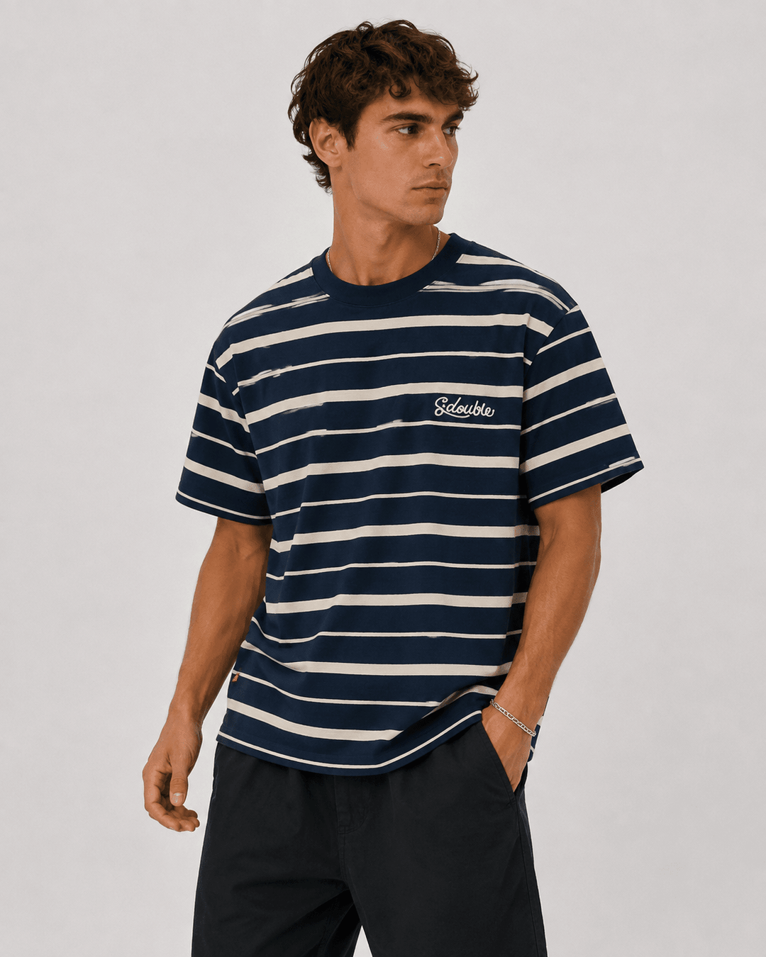 Cursive Stripe T-Shirt - Navy/Natural - Chillis & More NZ