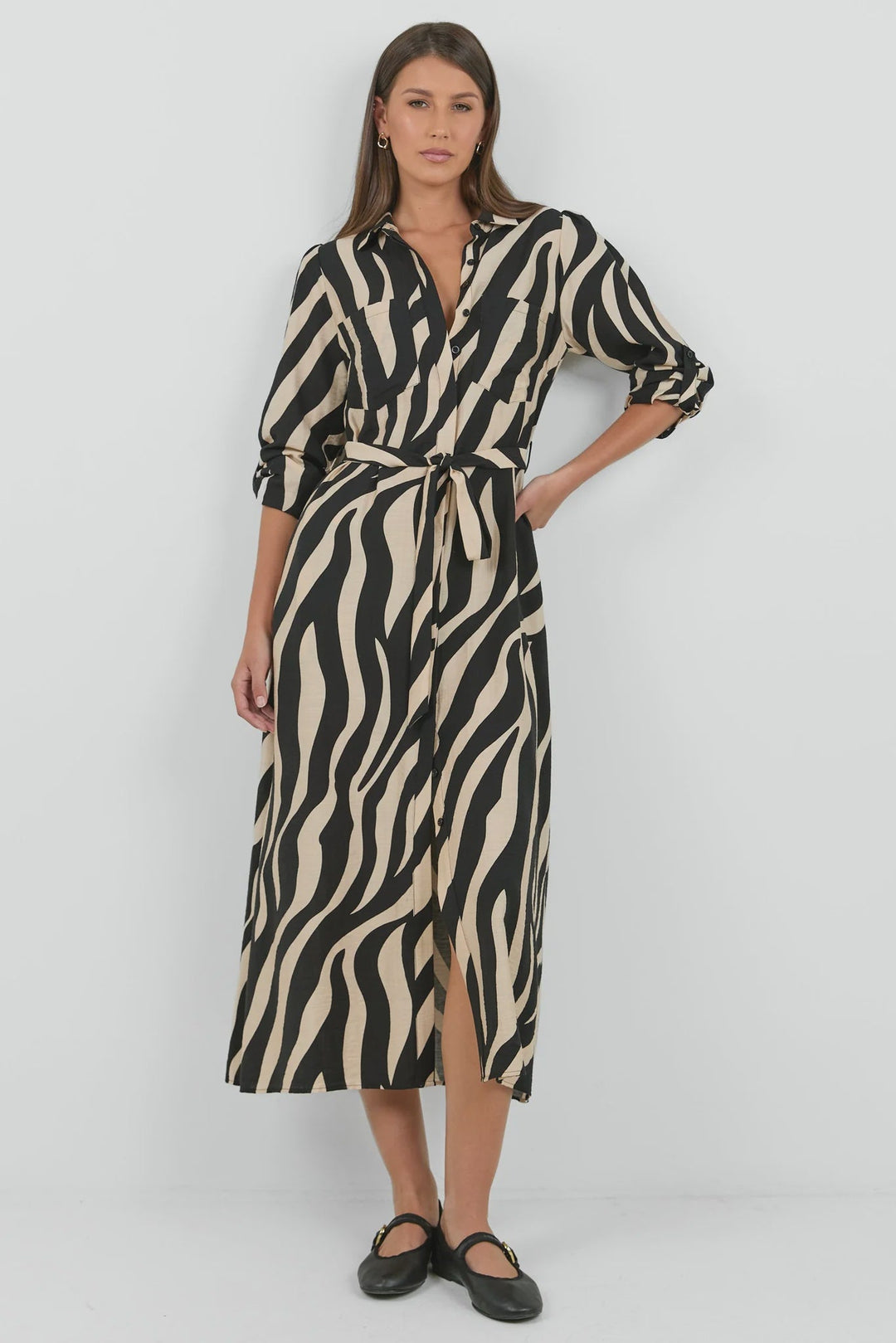 Cyprus Black and Cream Safari LS Shirt Midi Dress - Chillis & More NZ
