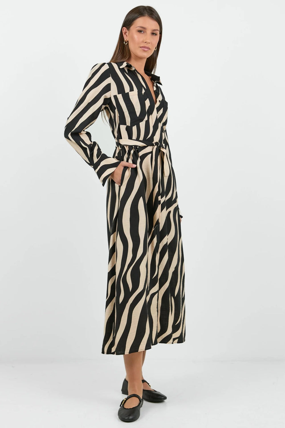 Cyprus Black and Cream Safari LS Shirt Midi Dress - Chillis & More NZ